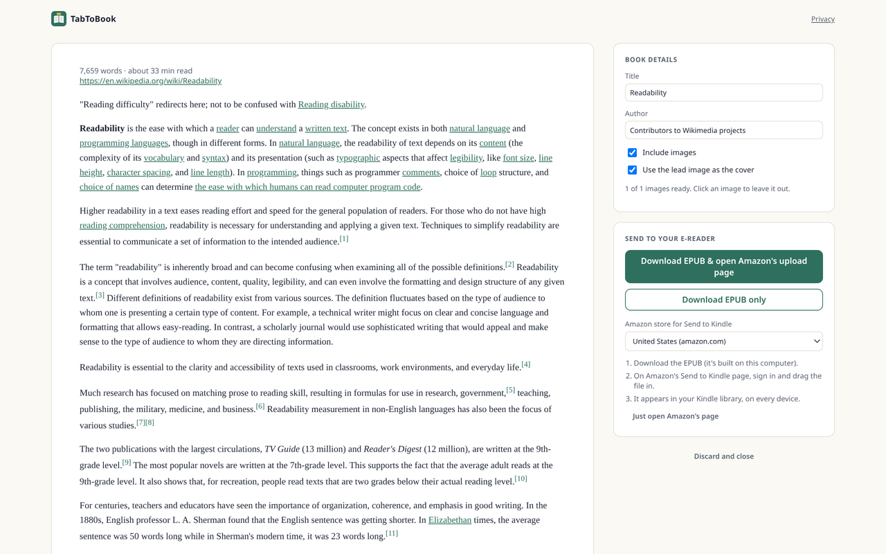 TabToBook preview page showing an extracted article, a title and author editor, and download buttons